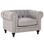 Chesterfield Armchair Light Grey Upholstery Dark Wood Legs