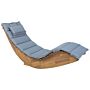 Sun Lounger Light Acacia Wood Slatted Design Rocking Feature Curved Shape With Blue Seat Cushion