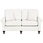 2 Seater Sofa White Fabric Upholstery Scrolled Arms Wood Frame Throw Pillows