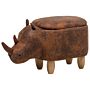 Animal Rhino Children Stool With Storage Brown Faux Leather Wooden Legs Nursery Footstool