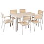 7 Piece Garden Dining Set Light Plastic Wood And White Aluminium 6 Chairs Rust Uv Resistant Beliani