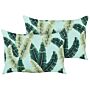 Set Of 2 Garden Cushions Green Polyester 40 X 60 Cm Rectangular Leaf Pattern Motif Modern Design Throw Scatter Pillow