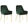 Set Of 2 Dining Chairs Green Velvet Upholstery Gold Legs