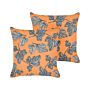 Set Of 2 Scatter Cushions Orange And Black Linen Cotton Polyester 45 X 45 Cm With Leaf Pattern Removable Covers Zipper Closure