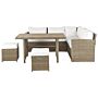 Garden Corner Sofa Set Brown Pe Rattan White Cushions 5 Seater Sofa Rectangular Table 2 Ottomans Outdoor Dining Set