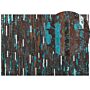 Area Rug Brown And Blue Cowhide Leather 160 X 230 Cm Patchwork Striped Surface