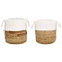 Set Of 2 Storage Baskets Natural And White Jute And Cotton Braided Laundry Hamper Fabric Bin