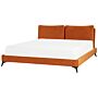 Eu Super King Size Bed Orange Velvet Upholstery 6ft Slatted Base With Thick Padded Headboard With Cushions