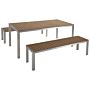 Garden Dining Set Light Wood And Silver Outdoor 3 Piece Rectangular Table 2 Benches Brushed Aluminium Frame