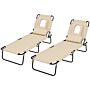 Outsunny Outdoor Foldable Sun Lounger Set Of 2, 4 Level Adjustable Backrest Reclining Sun Lounger Chair With Pillow And Reading Hole, Brown