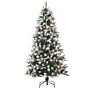 Homcom 6ft Artificial Snow Dipped Christmas Tree Xmas Pencil Tree Holiday Home Party Decoration With Foldable Feet Red Berries White Pinecones, Green