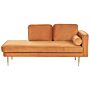 Chaise Lounge Orange Velvet Upholstered Right Hand Orientation Metal Legs Bolster Pillow