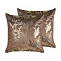 Set Of 2 Decorative Cushions Brown Velvet 45 X 45 Cm Gold Floral Foil Print