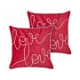 Set Of 2 Scatter Cushions Red Velvet Cotton 45 X 45 Cm Square Handmade Throw Pillows Embroidered Love Writing Removable Cover