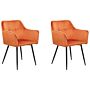 Set Of 2 Dining Chairs Orange Beige Velvet Upholstered Seat With Armrests Black Metal Legs