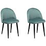 Set Of 2 Dining Chairs Mint Green Velvet Fabric Modern Retro Design Black Slanted Legs