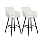 Set Of 2 Bar Stool Off-white Fabric Upholstered With Arms Backrest Black Metal Legs