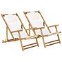 Set Of 2 Sun Loungers Natural Bamboo Beige Sling Folding Deck Chairs Balcony Furniture