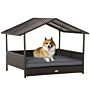 Pawhut Rattan Dog House, Elevated Wicker Pet Bed Lounge With Removable Cushion And Canopy, For Small And Medium Dogs, 98 X 69 X 73cm - Grey