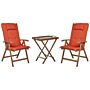 Garden Bistro Set Dark Solid Acacia Wood With Red Cushions Table 2 Chairs Adjustable Backrest Folding Rustic Style Balcony Furniture Beliani