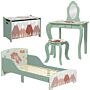 Zonekiz Kids Bedroom Furniture Set Includes Bed Frame, Kids Toy Chest, Dressing Table With Mirror And Stoolfor Ages 3-6 Years, Green