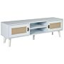 Tv Stand White With Beige Mdf With Faux Rattan Fronts 2 Cabinets 2 Open Shelves Cable Management Vintage Style