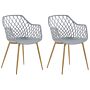 Set Of 2 Dining Chairs Grey Synthetic Seat Light Wood Metal Legs Open Net Back