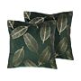 Set Of 2 Decorative Cushions Green Velvet Leaf Pattern 45 X 45 Cm Gold Foil Print