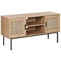 2 Door Tv Stand Light Wood Natural Rattan Front 120 X 63 Cm Metal Leg Boho Style Wicker Cabinet