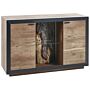 2 Door Sideboard Light Wood Black Mdf Cabinets With Shelves Led Light Rustic Style Storage