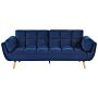 Sofa Bed Navy Blue Velvet Fabric 3 Seater Wooden Legs Foam Filling Split Back Biscuit Padding