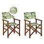 Set Of 2 Garden Director's Chairs Dark Wood With Off-white Acacia Tropcal Leaves Pattern Replacement Fabric Folding