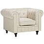 Chesterfield Armchair Beige Fabric Upholstery Dark Wood Legs