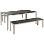 Garden Dining Set Black Outdoor 3 Piece Rectangular Table 2 Benches Brushed Aluminium Frame