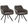 Set Of 2 Dining Chairs Grey Fabric With Arms Quilted Backrest Black Metal Legs Retro Transitional