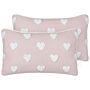 Set Of 2 Scatter Cushions Pink Cotton 30 X 50 Cm Embroidered Hearts Pattern