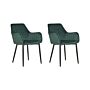 Set Of 2 Dining Chairs Green Velvet Armrests Black Metal Legs