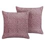 Set Of 2 Decorative Cushions Pink Velvet And Cotton 45 X 45 Cm Floral Pattern Block Printed