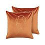 Set Of 2 Decorative Cushions Orange And Gold Velvet 45 X 45 Cm Face Motif