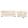 Chesterfield Living Room Set Cream Leather Upholstery Dark Wood Legs 3 Seater Sofa + Armchair