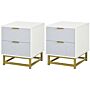 Homcom Bedside Table With 2 Drawers, Side Table, Bedside Cabinet With Steel Frame, Set Of 2, Grey And White