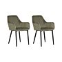 Set Of 2 Dining Chairs Dark Green Velvet Armrests Black Metal Legs