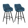 Set Of 2 Bar Stools Upholstered In Blue Fabric With Padded Backrest Arms Black Metal Legs