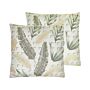 Set Of 2 Scatter Cushions Green And Beige 45 X 45 Cm Leaf Pattern Decorative Throw Pillows Removable Covers Zipper Closure