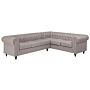 Chesterfield Left Hand Fabric Corner Sofa Beige Fabric Upholstery Dark Wood Legs Chaise 6 Seater