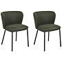 Set Of 2 Dining Chairs Dark Green Polyester Upholstery Black Metal Legs Armless Curved Backrest