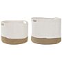 Set Of 2 Cotton Storage Baskets Laundry Bins White And Light Beige