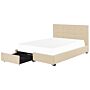 Eu Double Size Bed Beige Fabric 6ft Upholstered Frame Buttoned Headrest With Storage Drawers