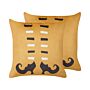 Set Of 2 Decorative Cushions Orange Velvet 45 X 45 Cm Witch Shoes Pattern Square Modern Halloween Autumn