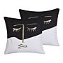 Set Of 2 Decorative Cushions Black And White 45 X 45 Cm Face Motif Square Throw Pillow